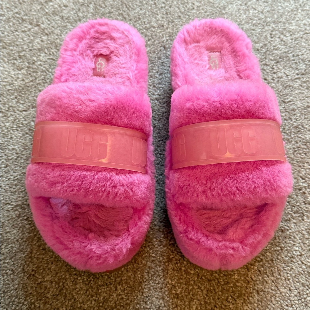 UGG Hot Pink Fluffy Platform Slides Size 9
